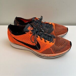 Nike Flyknit Racer Mens Size 9 Sneakers Runners Orange Black Mesh Swoosh
